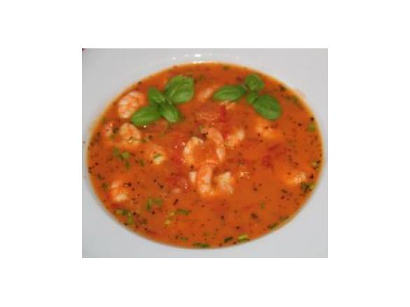 Tomaten-Kokos-Suppe mit marinierten Garnelen