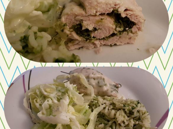Putenrouladen mit Kräutersauce und Reis