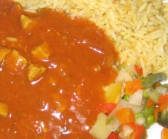 Schaschliktopf in Gemüsesoße mit Reis