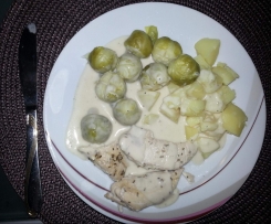 Hähnchen-Innenfilet mit Rosenkohl , Kartoffeln in Käsesoße