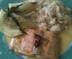 "Schina`s scharfer Lachs mit Safransoße und Fenchel"