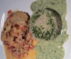 Schweineschnitzel, überbacken + Reis + Soße 