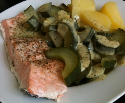 Lachs mit Senf-Dill-Gurken 
