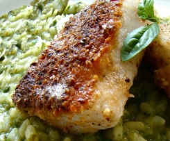 Wolfsbarschfilet mit Basilikum-Risotto und Paprikaschaum