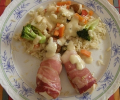 Hähnchenfilet im Schinkenmantel mit Gemüse und Reis (m. orig.) 