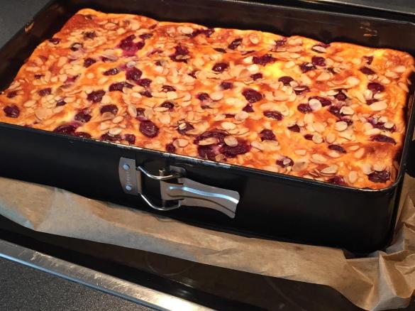 Käsekuchen vom Blech mit Kirschen und Mandeln ( auch zum Einfrieren:-)